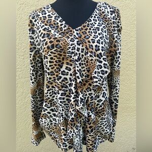 Clara Sun Woo Animal Print Cascade Ruffle Drape Jersey Top Blouse Small